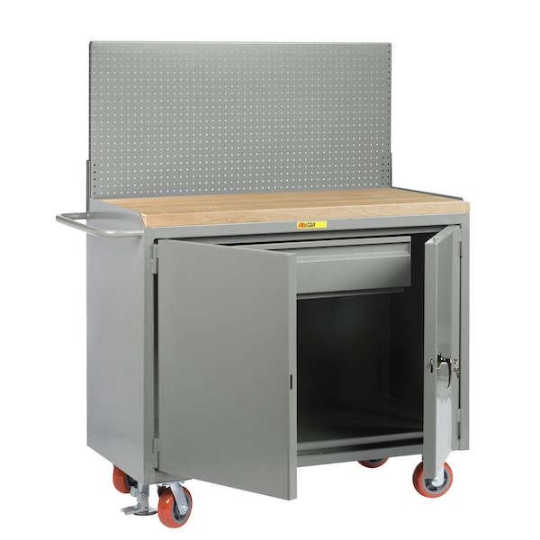 Mobile Bench Cabinets, 36"W, HD Drawer, 1-3/4" Butcher Block, Pegboard